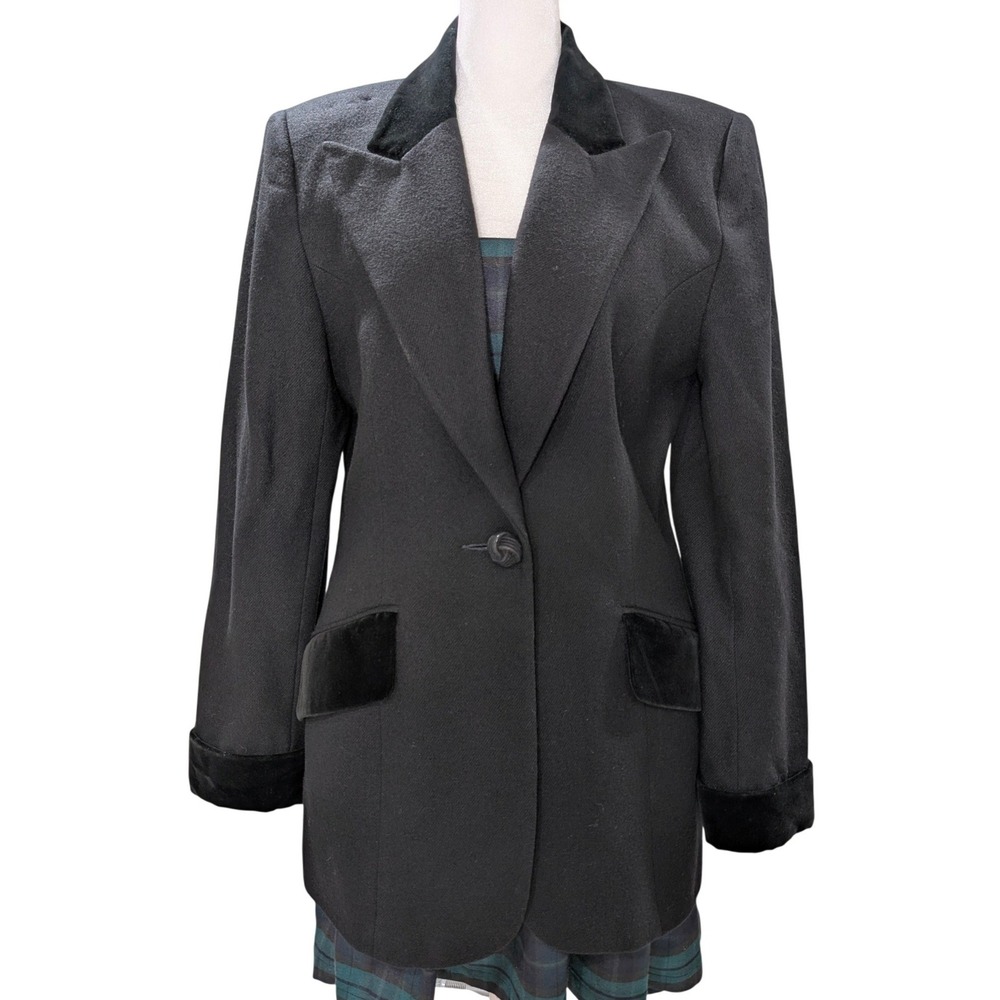 Oleg Cassini Vintage Womens Wool Blazer‎ Black Velvet Trim Longline Size 8